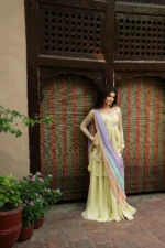 Sunehri Noore chiffon peplum dress with three-toned dupatta