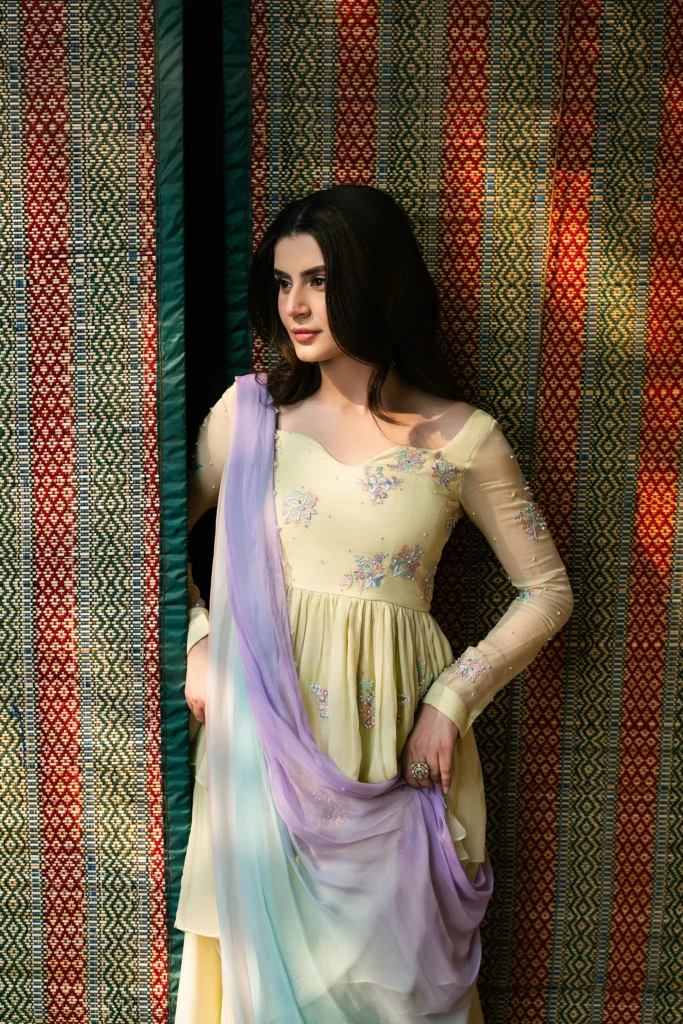 Sunehri luxury peplum dress in Noore chiffon