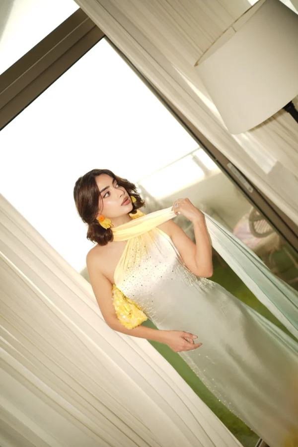 Elora one-shoulder silhouette with delicate shimmer detailing
