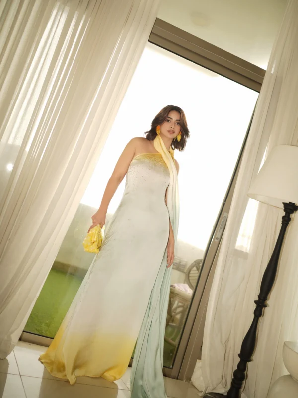 Elora full-length one-shoulder outfit with matching neck wrap