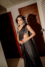Midnight black saree in pure Shemooz silk with embroidered blouse