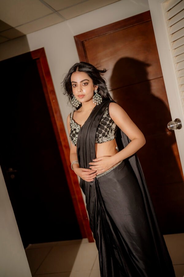 Midnight black saree in pure Shemooz silk with embroidered blouse