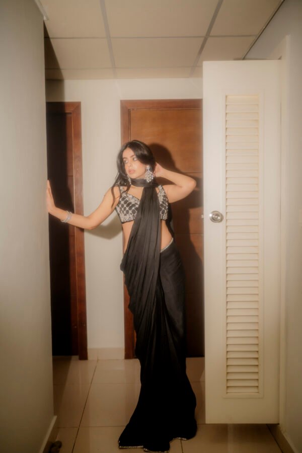 Midnight Saree side view showing elegant black Shemooz silk draping